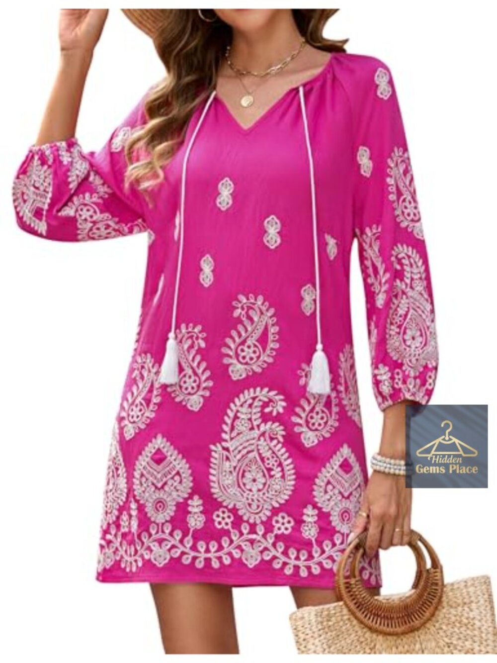 Boho Swimsuit Coverup V-Neck 3/4 Sleeve Embroidered Paisley Beach Dress